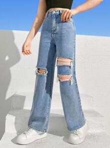 SHEIN 青少年女孩破洞直筒牛仔褲 - 淺色水洗藍 - 查看 5