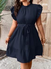 EMERY ROSE Plus Ruffle Trim Belted Dress - Navy Blue - View 1