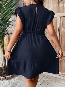 EMERY ROSE Plus Ruffle Trim Belted Dress - Navy Blue - View 2