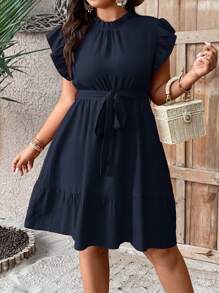 EMERY ROSE Plus Ruffle Trim Belted Dress - Navy Blue - View 3