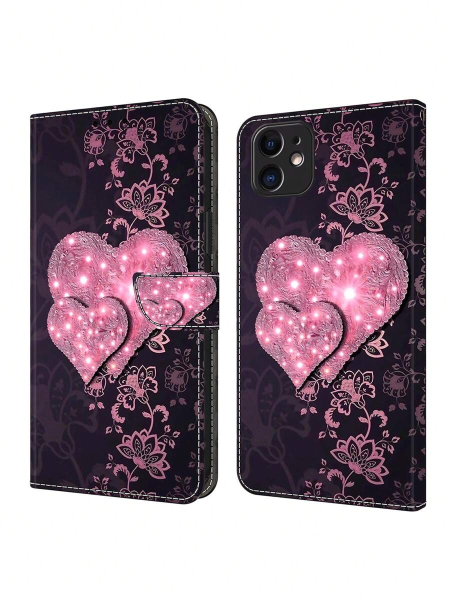 GLANDOTU 带卡槽、可折叠支架、磁吸防刮手机壳，PU皮革钱包式手机壳，兼容三星Galaxy手机及其他型号（粉色爱心），国际版，非国内版 - 彩色 - 查看 1