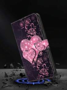 GLANDOTU 带卡槽、可折叠支架、磁吸防刮手机壳，PU皮革钱包式手机壳，兼容三星Galaxy手机及其他型号（粉色爱心），国际版，非国内版 - 彩色 - 查看 3