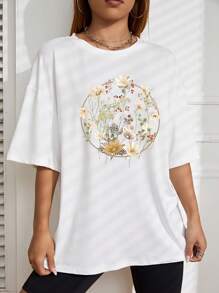 SHEIN EZwear Áo thun nữ Hoa Giải trí - trắng - Xem 5