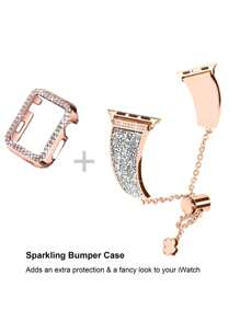 1入組閃鑽手環和手錶殼，適用於Apple Watch錶帶38mm 40mm 41mm 42mm 44mm 45mm 49mm，女性時尚金屬手鍊配鑽石保護框，適用於Apple Watch 9/8/7/SE/6/5/4/3/2/1 SE Ultra - 玫瑰金 - 查看 5