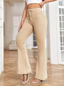 EMERY ROSE Jeans de pierna amplia de talle alto - Caqui - Ver 5