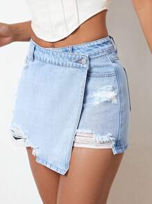 SHEIN Essnce 破洞圍裹毛邊牛仔裙褲 - 淺色水洗藍 - 查看 2