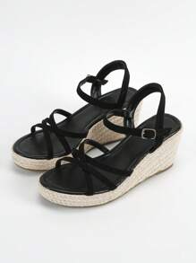女士交叉帶編織踝帶度假黑色坡跟涼鞋 - 黑色 - 查看 2