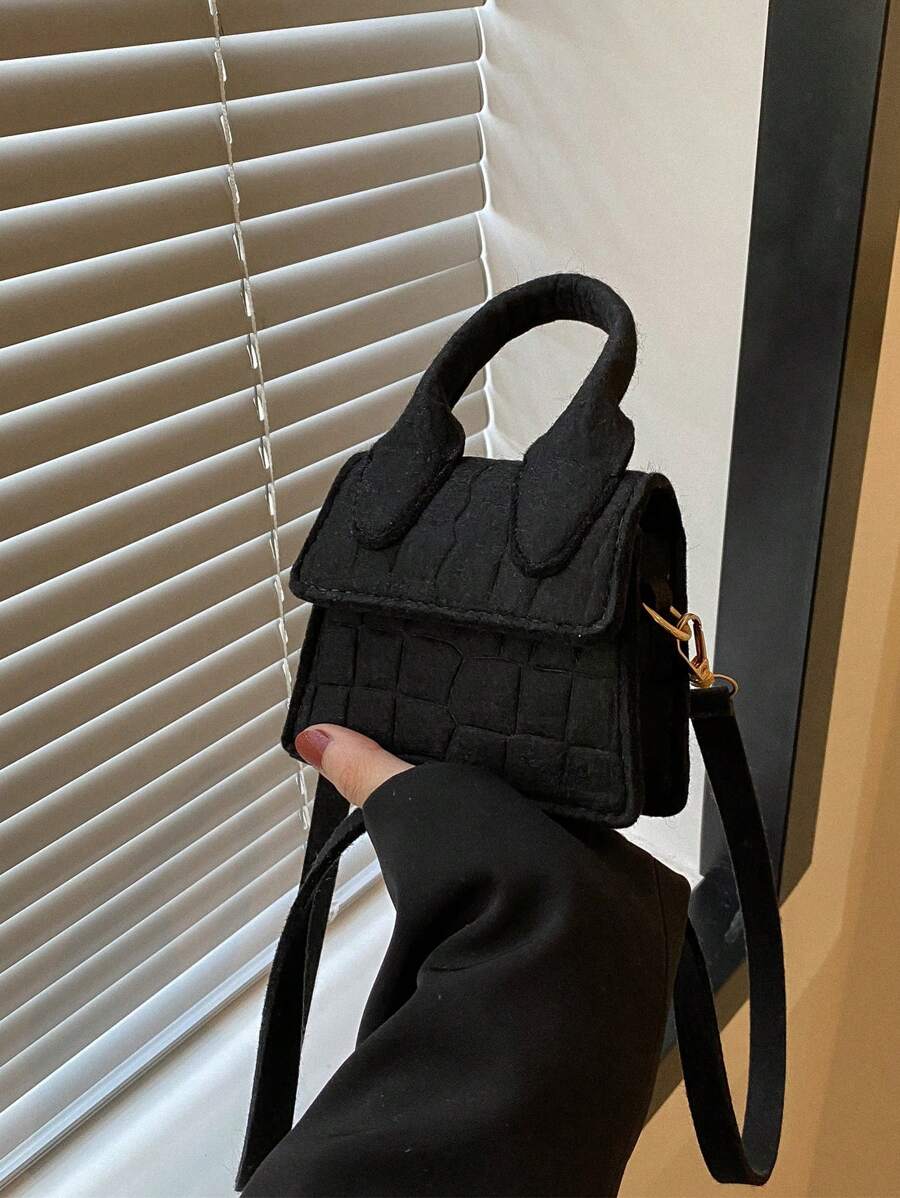 Mini Crocodile Embossed Flap Square Bag Black - Black - View 1