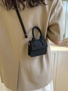 Mini Crocodile Embossed Flap Square Bag Black - Black - View 3