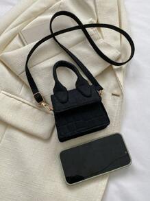 Mini Crocodile Embossed Flap Square Bag Black - Black - View 5