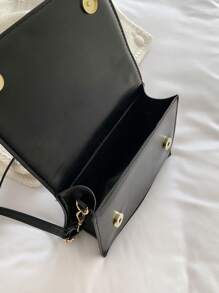 迷你極簡衍縫翻蓋方包頂部單條提帶黑色 - 黑色 - 查看 3