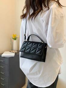 迷你極簡衍縫翻蓋方包頂部單條提帶黑色 - 黑色 - 查看 4