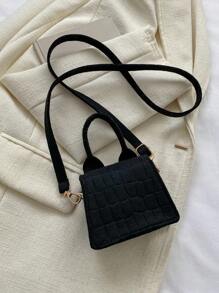 Mini Crocodile Embossed Flap Square Bag Black - Black - View 6