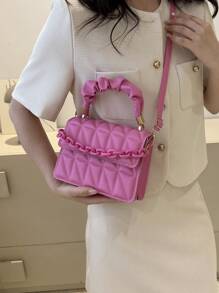 Mini Bolso Cuadrado Decoración Cadena Estampado Acolchado Rosa rosa - Rosa - Ver 6