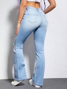 SHEIN EZwear Ripped Flare Leg Jeans - Light Wash - View 2