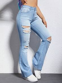 SHEIN EZwear Ripped Flare Leg Jeans - Light Wash - View 1