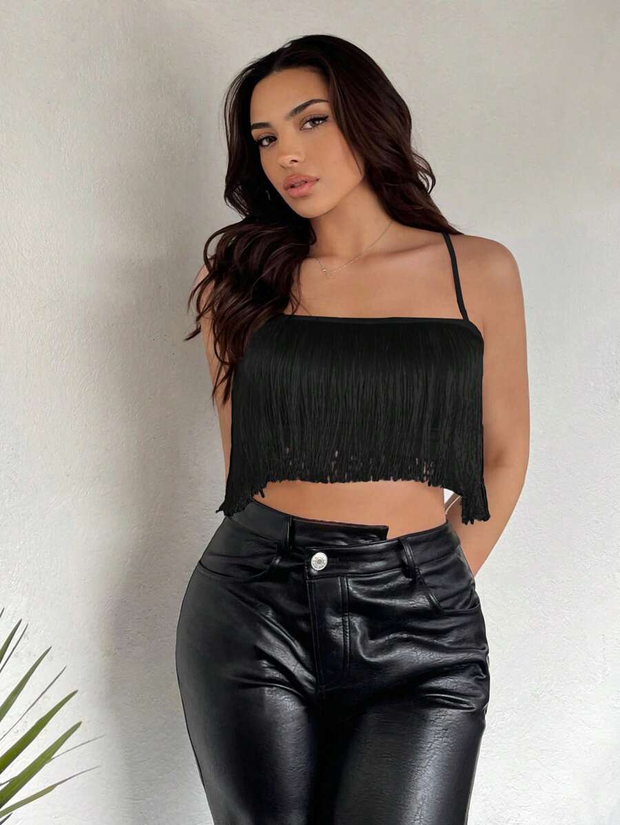 SHEIN VCAY Fringe Trim Crop Cami Top - Black - View 1