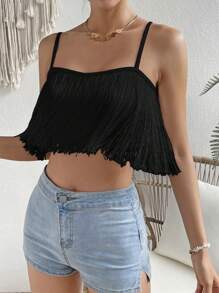 SHEIN VCAY Fringe Trim Crop Cami Top - Black - View 4