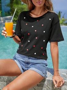 RueChic Heart Print Drop Shoulder Tee - Black - View 1
