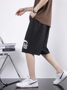 Claim Dot 寬鬆版型男士字母印花短褲,帶有束口腰帶 - 黑色 - 查看 4