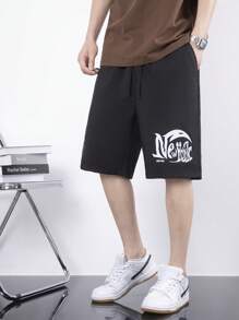 Claim Dot 寬鬆版型男士字母印花短褲,帶有束口腰帶 - 黑色 - 查看 5