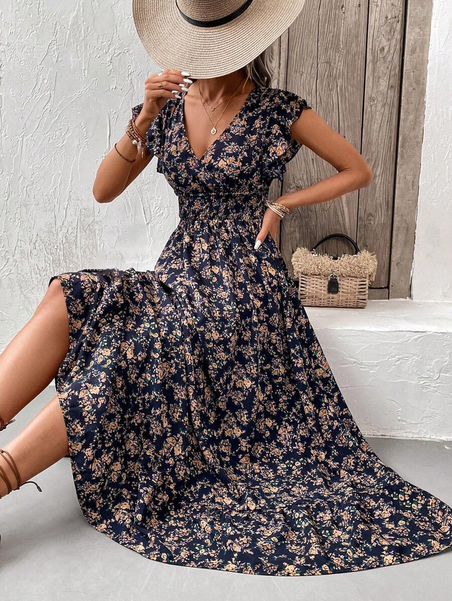 SHEIN VCAY Allover Floral Print Butterfly Sleeve Ruffle Hem Dress - Multicolor - View 1