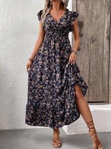 SHEIN VCAY Allover Floral Print Butterfly Sleeve Ruffle Hem Dress - Multicolor - View 4