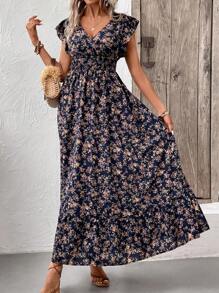 SHEIN VCAY Allover Floral Print Butterfly Sleeve Ruffle Hem Dress - Multicolor - View 6