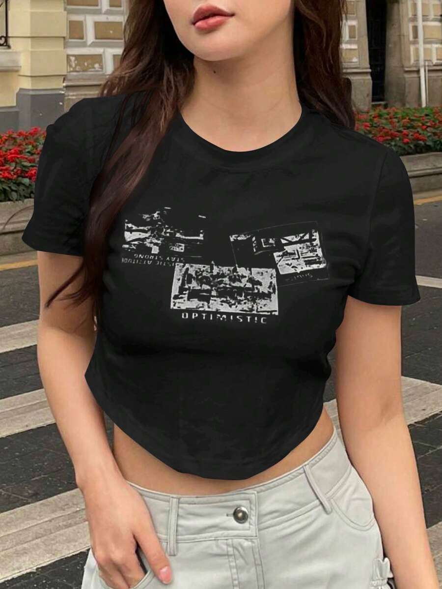 DAZY Letter Graphic Curved Hem Crop Tee - Black - View 1