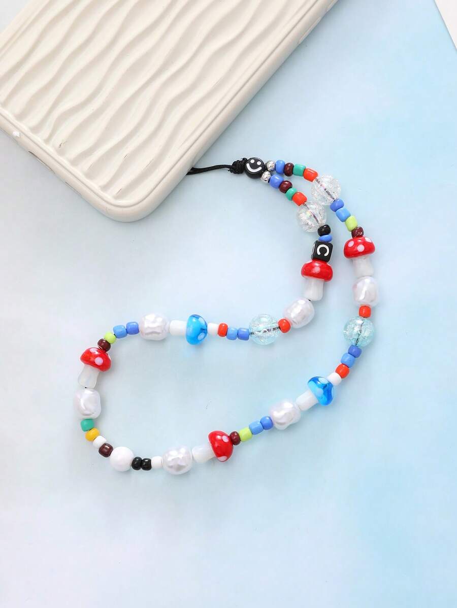 1 dây buộc điện thoại đính cườm hình nấm trang trí - Nhiều màu - Xem 1