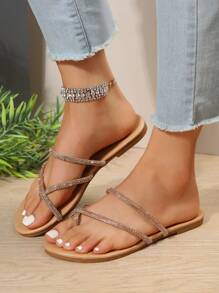 Women Rhinestone Decor Toe Post Flat Sandals, Glamorous Glass Thong Sandals - Gold - View 5