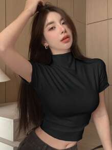 DAZY Solid Mock Neck Crop Tee Preppy Tops