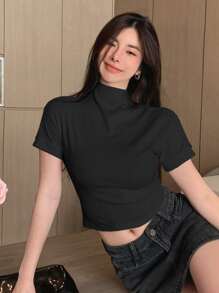 DAZY Solid Mock Neck Crop Tee Preppy Tops