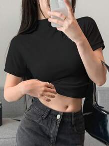 DAZY Solid Mock Neck Crop Tee Preppy Tops
