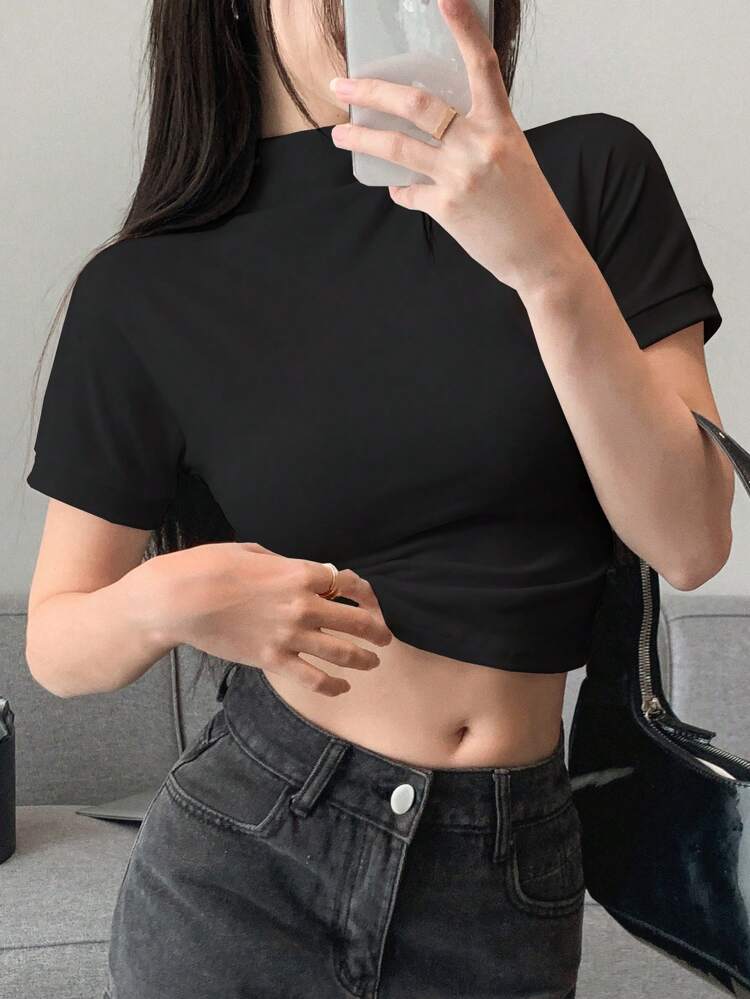 Solid Mock Neck Crop Tee Preppy Tops