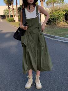 DAZY Solid Pocket Front Pinafore Dress Without Tank Top - Army Green - View 1