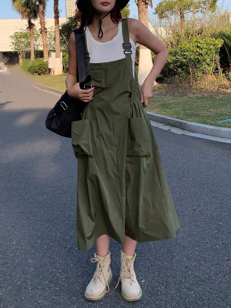 DAZY Solid Pocket Front Pinafore Dress Without Tank Top - Army Green - View 1
