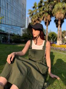 DAZY Solid Pocket Front Pinafore Dress Without Tank Top - Army Green - View 2