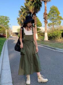 DAZY Solid Pocket Front Pinafore Dress Without Tank Top - Army Green - View 4