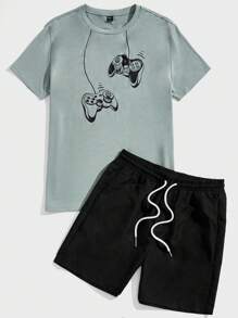 SHEIN Men Gamepad Print Tee & Drawstring Waist Shorts PJ Set - Mint Green - View 1