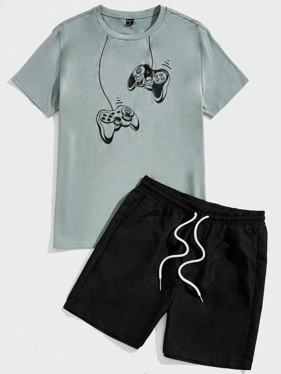 SHEIN Men Gamepad Print Tee & Drawstring Waist Shorts PJ Set - Mint Green - View 1