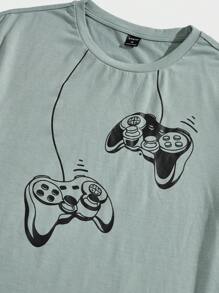 SHEIN Men Gamepad Print Tee & Drawstring Waist Shorts PJ Set - Mint Green - View 4