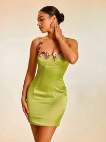 Floral Embroidery Satin Cami Bodycon Dress - Green - View 3