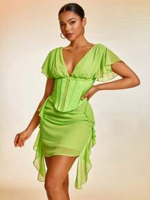 Plunge Neck Butterfly Sleeve Ruffle Trim Corset Detail Mesh Dress - Lime Green - View 1