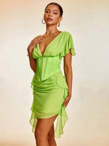 Plunge Neck Butterfly Sleeve Ruffle Trim Corset Detail Mesh Dress - Lime Green - View 3