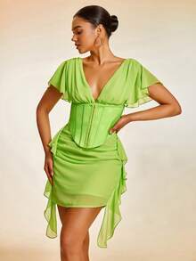 Plunge Neck Butterfly Sleeve Ruffle Trim Corset Detail Mesh Dress - Lime Green - View 5
