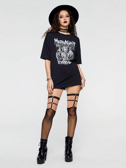 ROMWE Avant Skeleton Print Drop Shoulder Tee