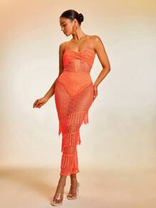 Hollow Out Fringe Trim Crisscross Tie Backless Halter Mesh Dress - Burnt Orange - View 1
