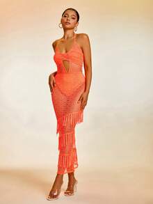 Hollow Out Fringe Trim Crisscross Tie Backless Halter Mesh Dress - Burnt Orange - View 4