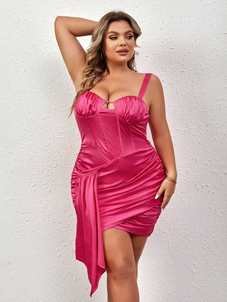 大碼褶邊緊身上衣緞面吊帶洋裝 - 粉色 - 查看 1